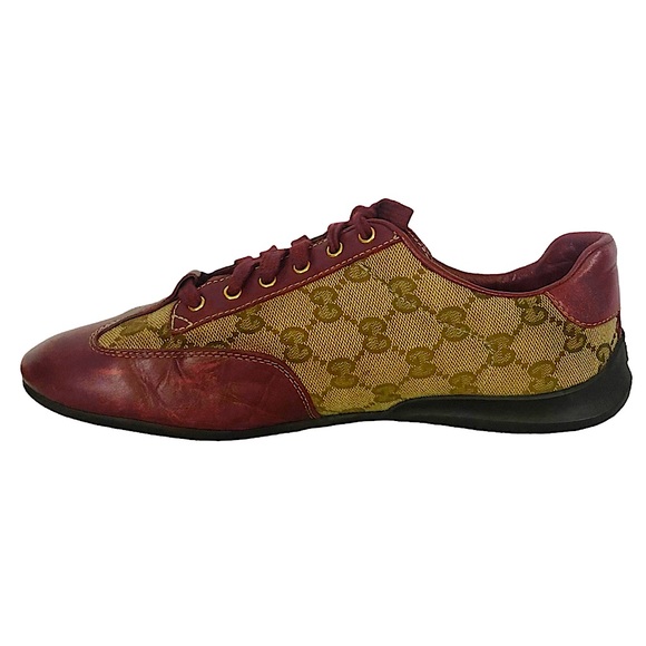 GUCCI Maroon Leather Tan Monogram Lace Up Sneakers 270105 - Picture 7 of 16